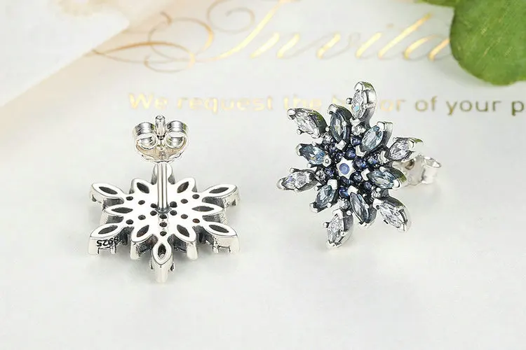 Bijoux 925 пробы серебряные кристаллизованные снежинки, синие кристаллы прозрачные CZ серьги-гвоздики для женщин серьги серебряные украшения brincos