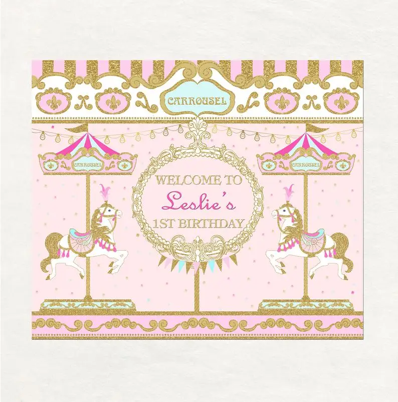 

custom Pink and Gold Carousel baby child happy birthday photo background photography backdrops quality vinyl