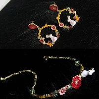 korean cute rabbit enamel bracelet earrings set silver crystal flower fashion jewellery for lovers pendientes bijoux femme