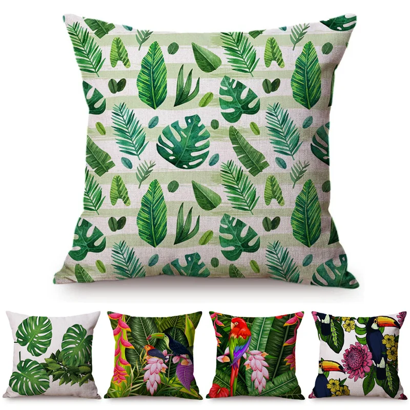 Tropical Jungle Plant Cushion Cover Flamingo Home Decoration Throw Pillow Car-Cover Palm Leaf Toucan Parrot Soft Pillow Cases images - 6