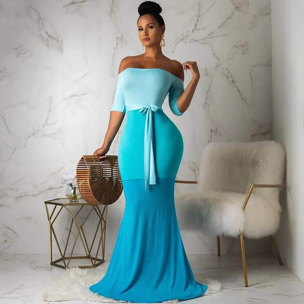 blue dress Adogirl цвет лоскутное вечернее платье Русалка платье элегантные женские Половина рукава с открытыми плечами Bodycon макси-платье рубашка Длинные платья - Цвет: blue dress