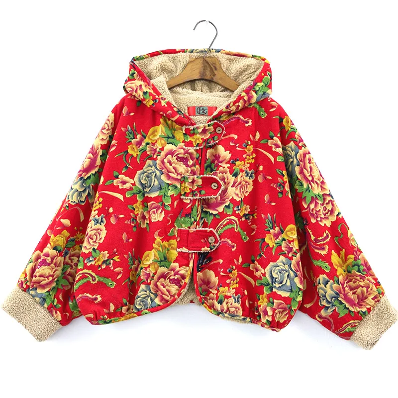 2019 Traditional Chinese Style Women Thick warm Short Coat Autumn Retro Button Printed Long Sleeve Cotton Linen cc470 | Женская одежда