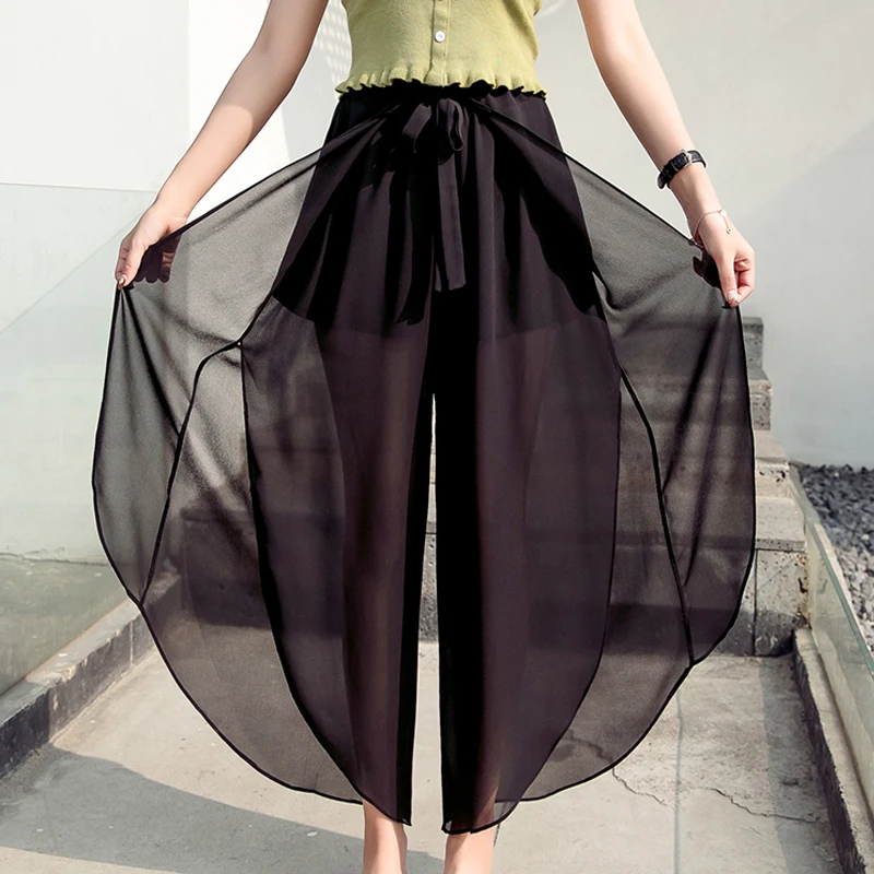 Женские шифоновые брюки Fitaylor летние Асимметричные широкие с высокой талией и