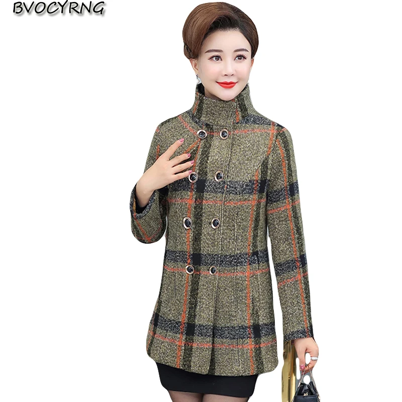 

2018 middle-aged women autumn and winter woolen coat female winter plus cotton plaid jacket fashion long woolen coat Plus size