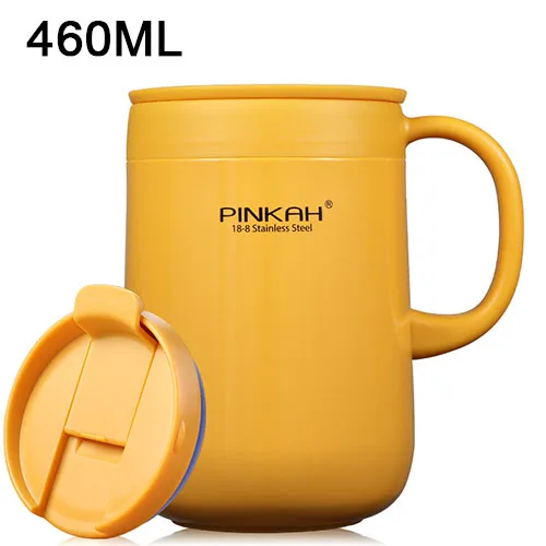 460ML Yellow 350 мл/460 мл креативный термос с двойной крышкой кофейная кружка из нержавеющей стали Термокружка вакуумная колба с ручкой для путешествий Кофе термо - Цвет: 460ML Yellow