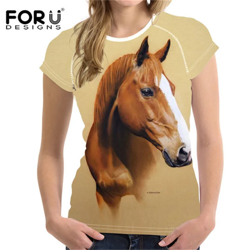 

FORUDESIGNS Crazy Horse Women T Shirts For Teen Girls Short Sleeved Womens Tops Bodybuilding Slim Female Tee Shirt Woman Clothes