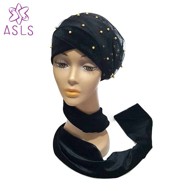 Новый роскошный золотой головной платок с бисером и сеткой, мягкий бархатный нигерийский экстра-длинный тюрбан хиджаб с двойной застежкой для женщин.