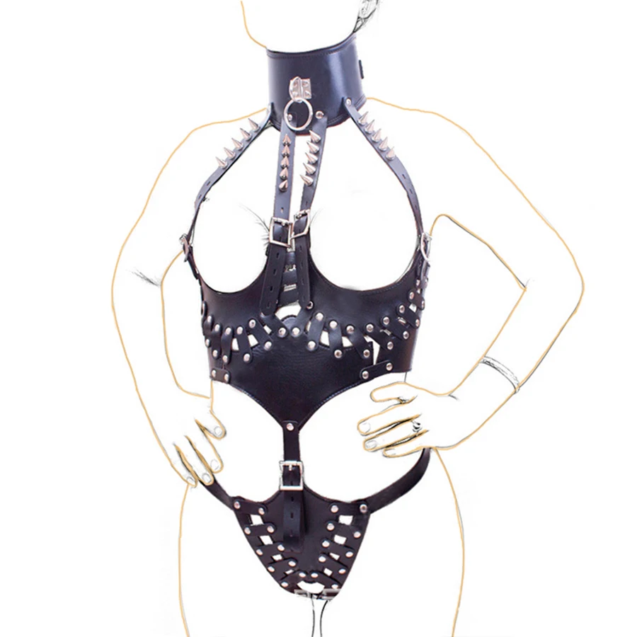 Пояс целомудрия вниз из кожи с шипами на талию подгрудной завязкой корсет