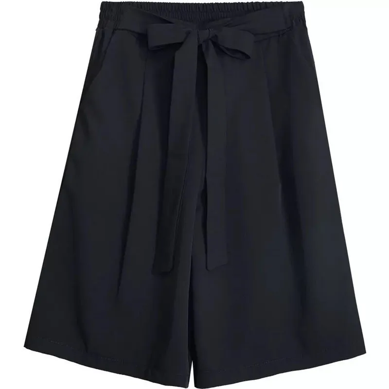 Женские шифоновые брюки до колена повседневные больших размеров с широкими штанинами и бантом завышенной