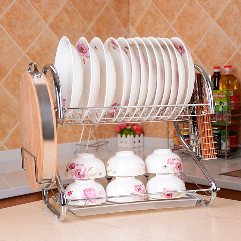 B 2 Tiers Dish Drying Rack Holder Basket Plated Iron Kitchen Washing Sink Dish Drainer Drying Rack Knife Bowl Organizer 08164 - Цвет: B