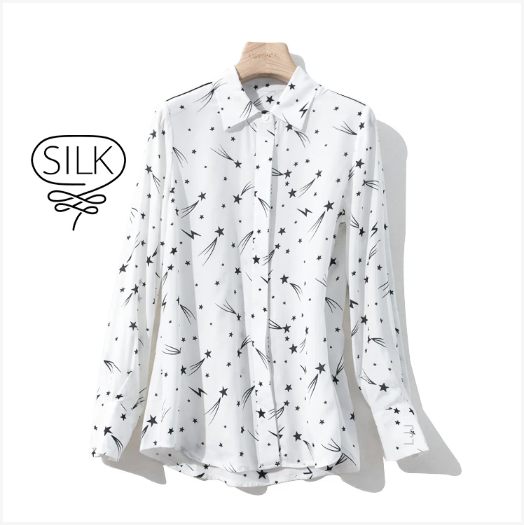 100% натуральные шелковые блузки с принтом звезды длинный рукав настоящая