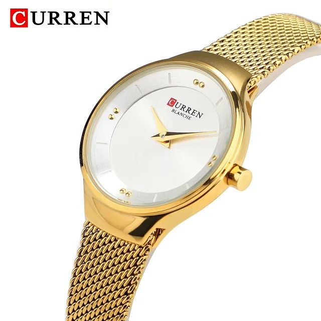 Golden White CURREN Роскошные женские часы золотые/серебряные из нержавеющей стали с сетчатым ремешком Аналоговые Кварцевые часы Женские Простые повседневные часы Reloj Mujer - Цвет: Golden White