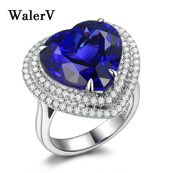 

WalerV for Women Lovers Custom Fashion Popular Love Shape Charm Rings Sterling Ring Dark Blue Crystal Zircon Wedding