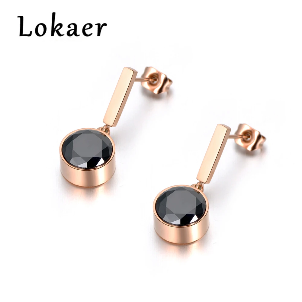 Lokaer Trendy Fashion Jewelry Black CZ Round Crystal Stud Earrings Stainless Steel Waterdrop For Women E18046