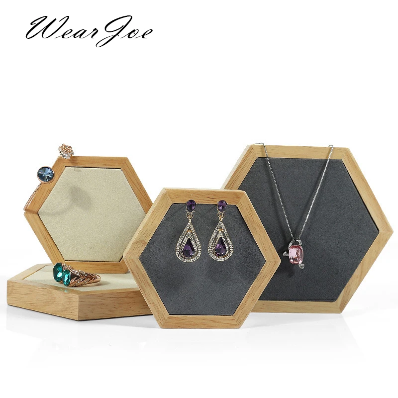 

Solid Wood Regular Hexagon Jewelry Display Board Case Necklace Earring Ring Holder Stand Organizer Pad Photography Prop 2pcs/set