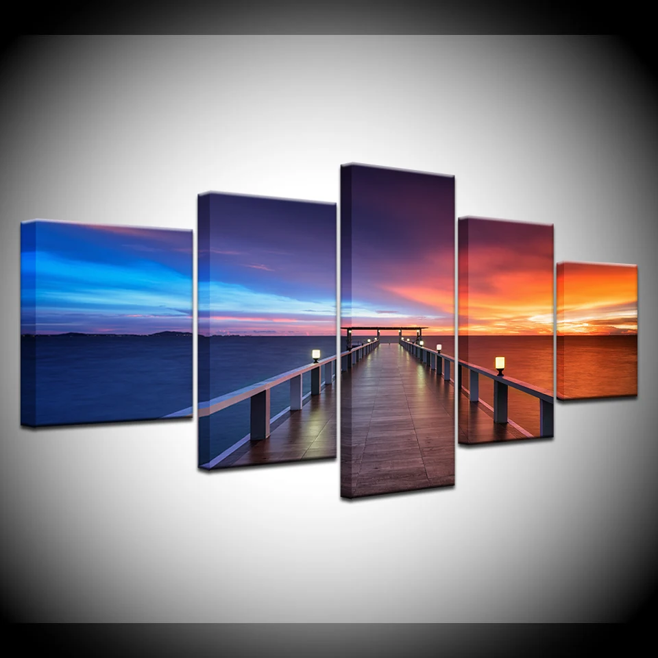 

Canvas Wall Art Prints Poster Home Decor 5 Pieces Beautiful Sunset Bridge Natural Scenery Paintings Lake Pictures Modular Frame