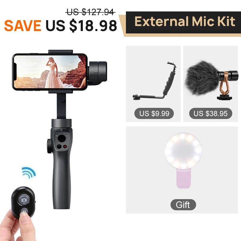 External Mic Kit Funsnap захвата 2 3-осевой Карманный шарнирный стабилизатор для смартфона Камера стабилизатор для iphone gopro hero 7 6 4 dji Osmo экшн Камера s yi 4 k - Цвет: External Mic Kit