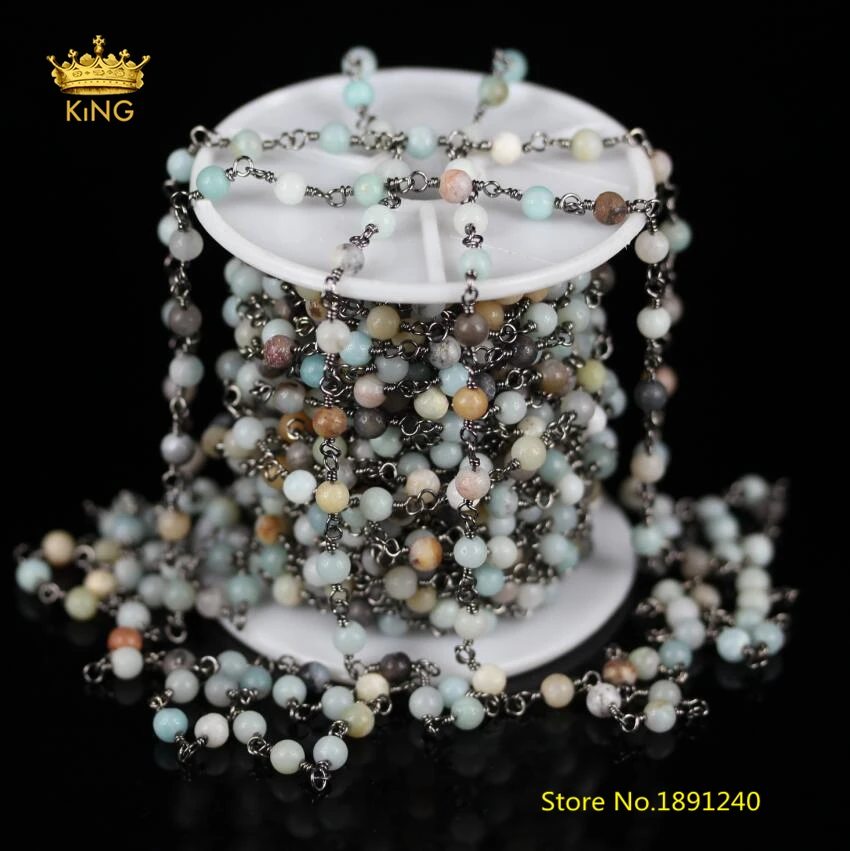 

5Meters,Smooth Amazonite Round Beads Chains for Jewelry Findings,4mm Wire Wrapped Gun Black Plated Links Chains Bracelet ZJ-72