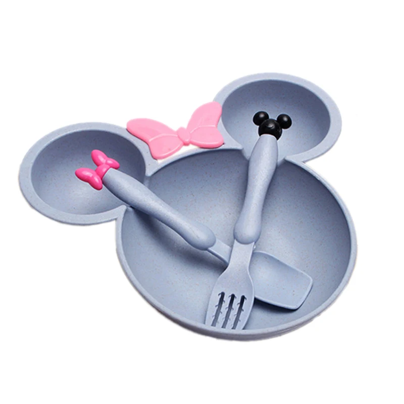 

3Pcs/Set Baby Tableware Wheat Straw Tray Infant Feeding Plate Fork Spoon Child Training Dinnerware Cartoon Shape Dishes NBB0036