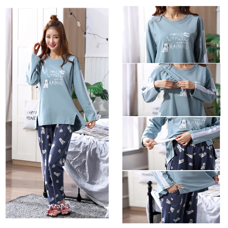 Spring Maternity Cotton Pajamas Suit Long Sleeve Pyjamas Breastfeeding Nursing Sleepwear Set Lactation Pajamas