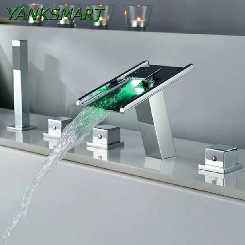 YANKSMART бортике смесители для ванной комнаты 5 отверстий LED Водопад набор с ручным