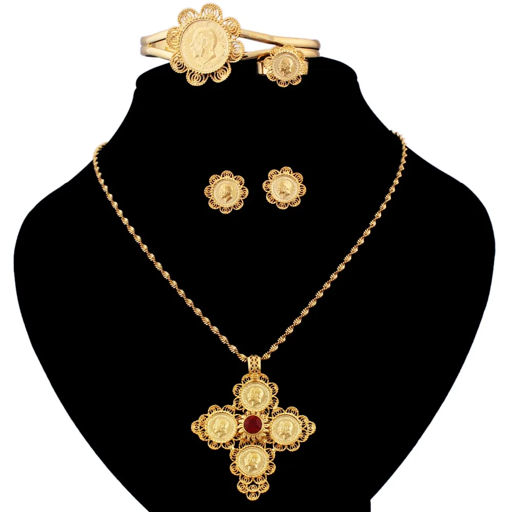 Набор свадебных ювелирных изделий 5 шт. с монеткой крестиком 22 к золотого цвета со