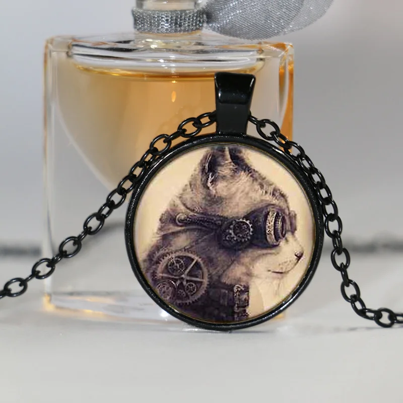 Механическая подвеска в стиле стимпанк с часами и котом из фильма США серебряная