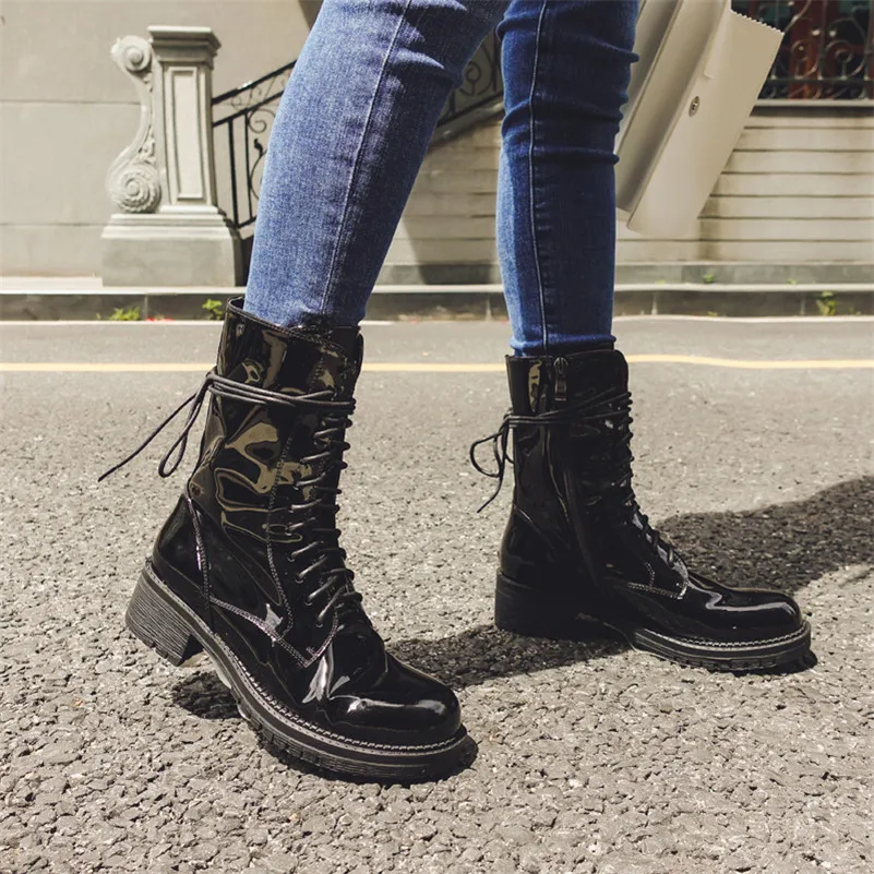 

Meotina Autumn Motorcycle Boots Women Natural Genuine Leather Thick Heels Ankle Boots Punk Zipper Round Toe Shoes Female Size 39