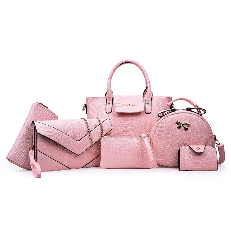 17 New Women Shoulder Bags serpentine Leather Handbags Fashion Female bag High Quality 6-Piece Set Designer Brand Bolsa Feminina - Цвет: Pink