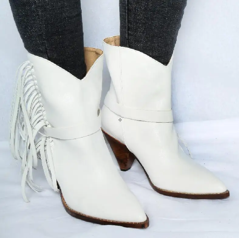 

Hot Fashion Sexy Winter/Autumn White Sheepskin Mid-Calf Shoes Slip-On Pointed Toe Women's Shoe Spike Heels Fringe Ladies Boots