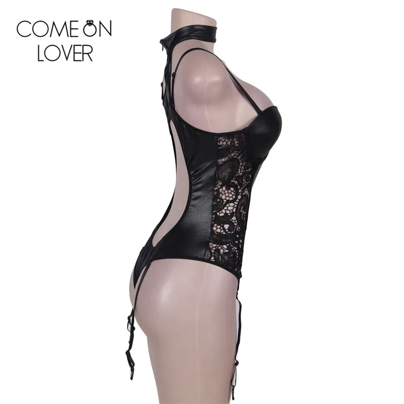 Comeonlover с лямкой на шее черный искусственная кожа боди для женщин косточках