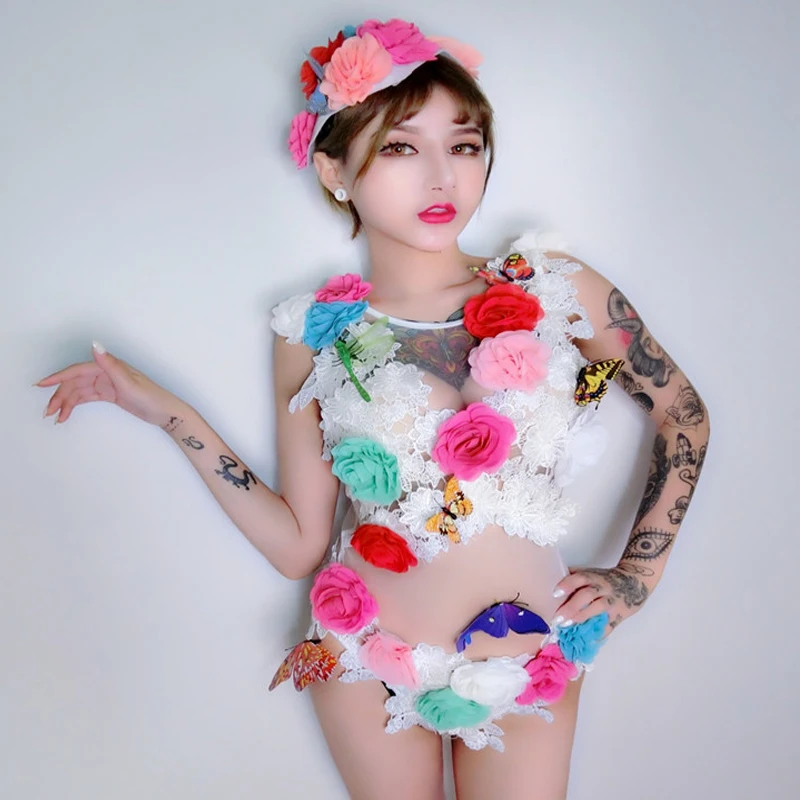 

Jazz Stage Costume Lace Flower Stage Clothes For Singers Rave Bodysuit Hip Hop Set Pole Dance Womens Clothing Party WearDQS1281