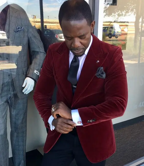 Мужские Бархатные костюмы винно красные облегающие из 2 предметов пиджак и брюки