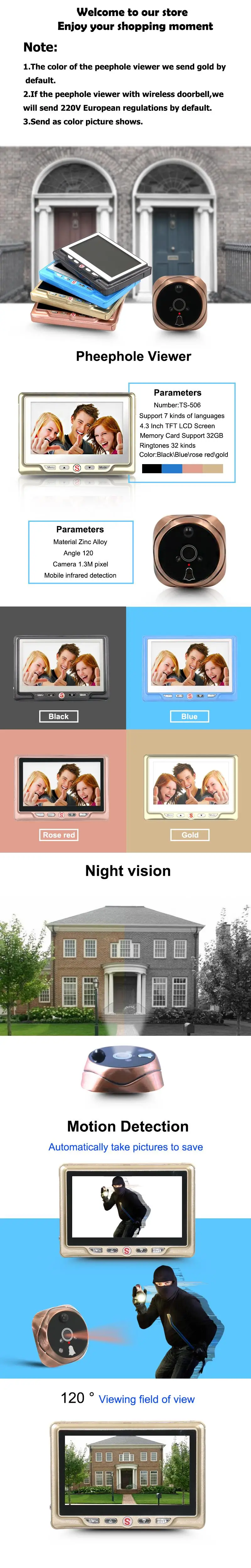 Saful 4," TFT-LCD глазок камера для просмотра дверей Многоязычная записываемая дверная камера с одним беспроводным дверным звонком