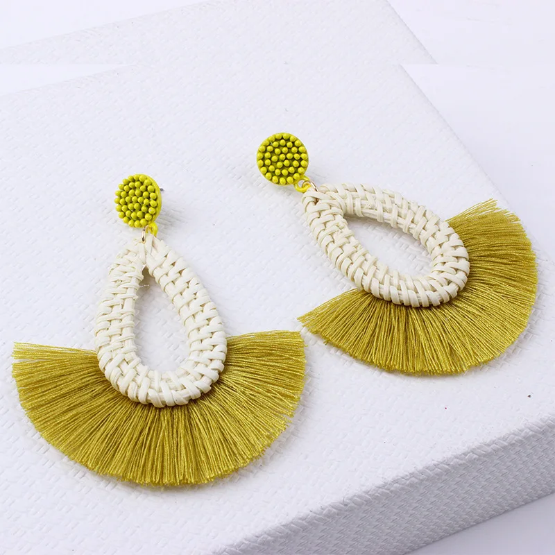 STRATHSPEY Handmade Tassel Earrings For Women Geometric Straw Rattan Earring Ethnic Wood Fringe Earing pendientes | Украшения и