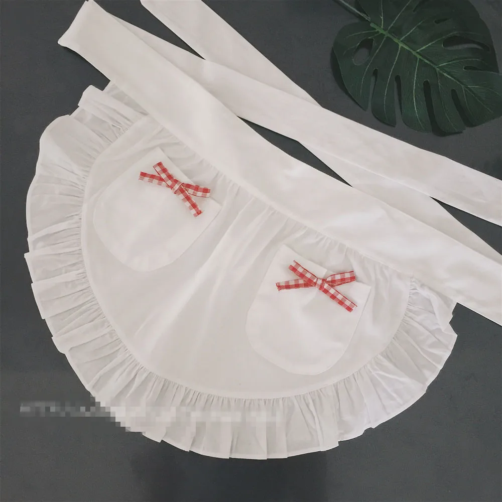 Sexy White Half Waist Ruffle Waitress Cosplay Avental de Cozinha Divertido Tablier Cuisine Pinafore Short Apron with Pockets