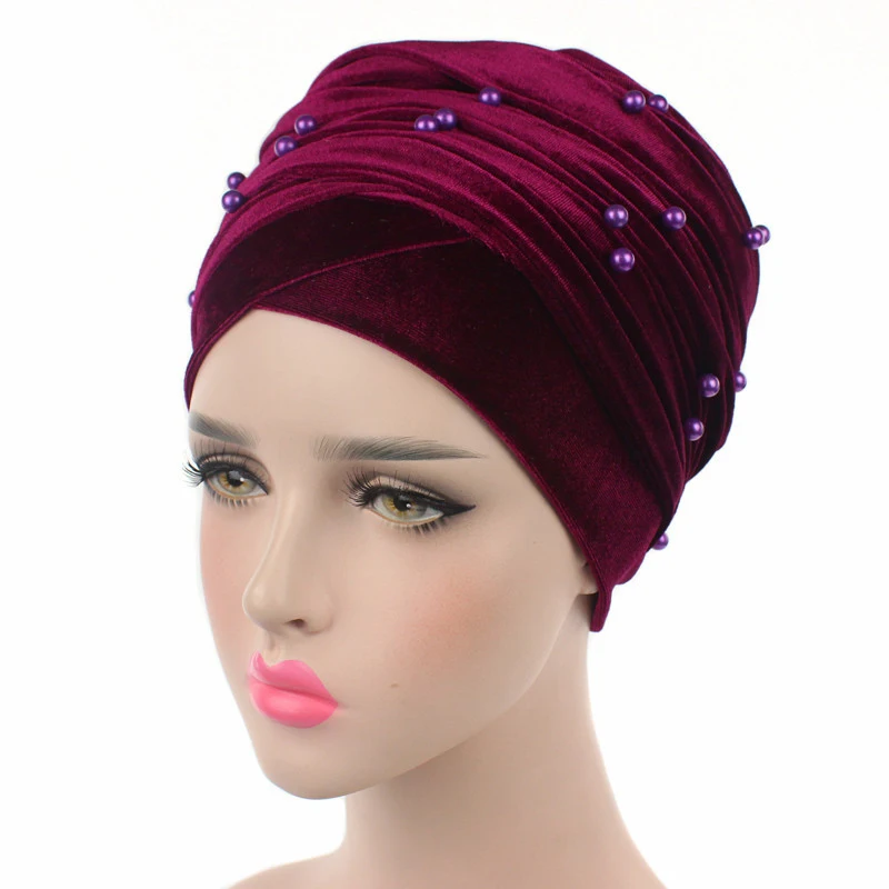 RUNMEIFA Дизайн мусульманский Skullies& Beanies бархатный шарф шапка для дам роскошный бренд жемчужный головной шарф африканская шапка
