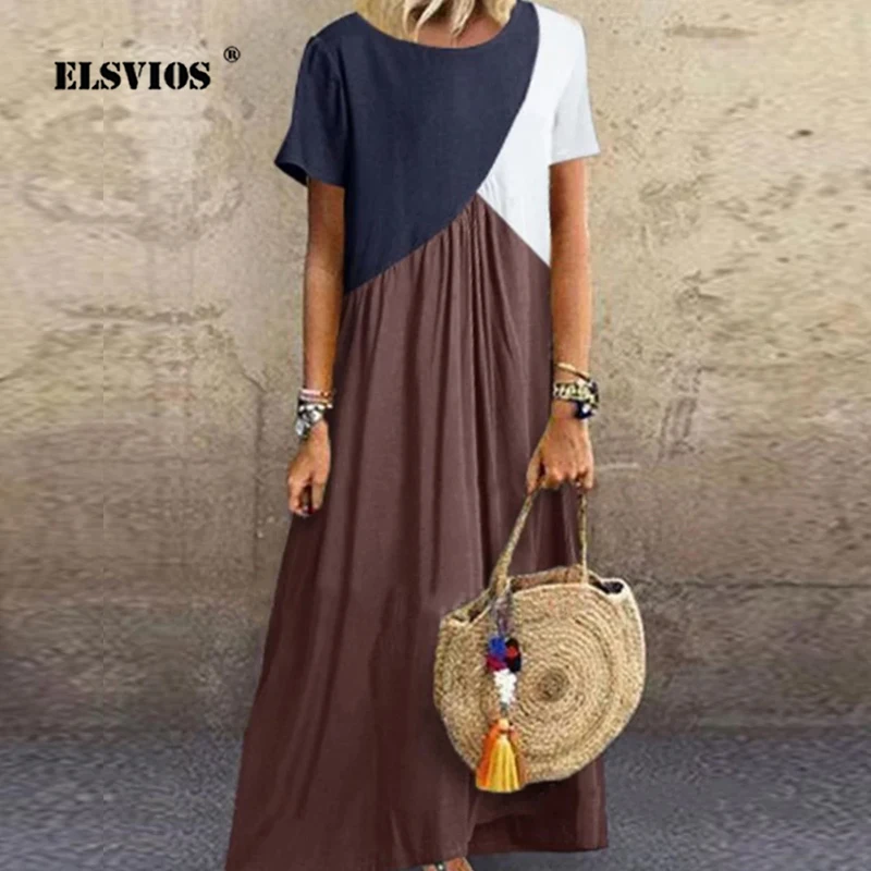 Женское длинное платье ELSVIOS летнее свободное пляжное с круглым вырезом и