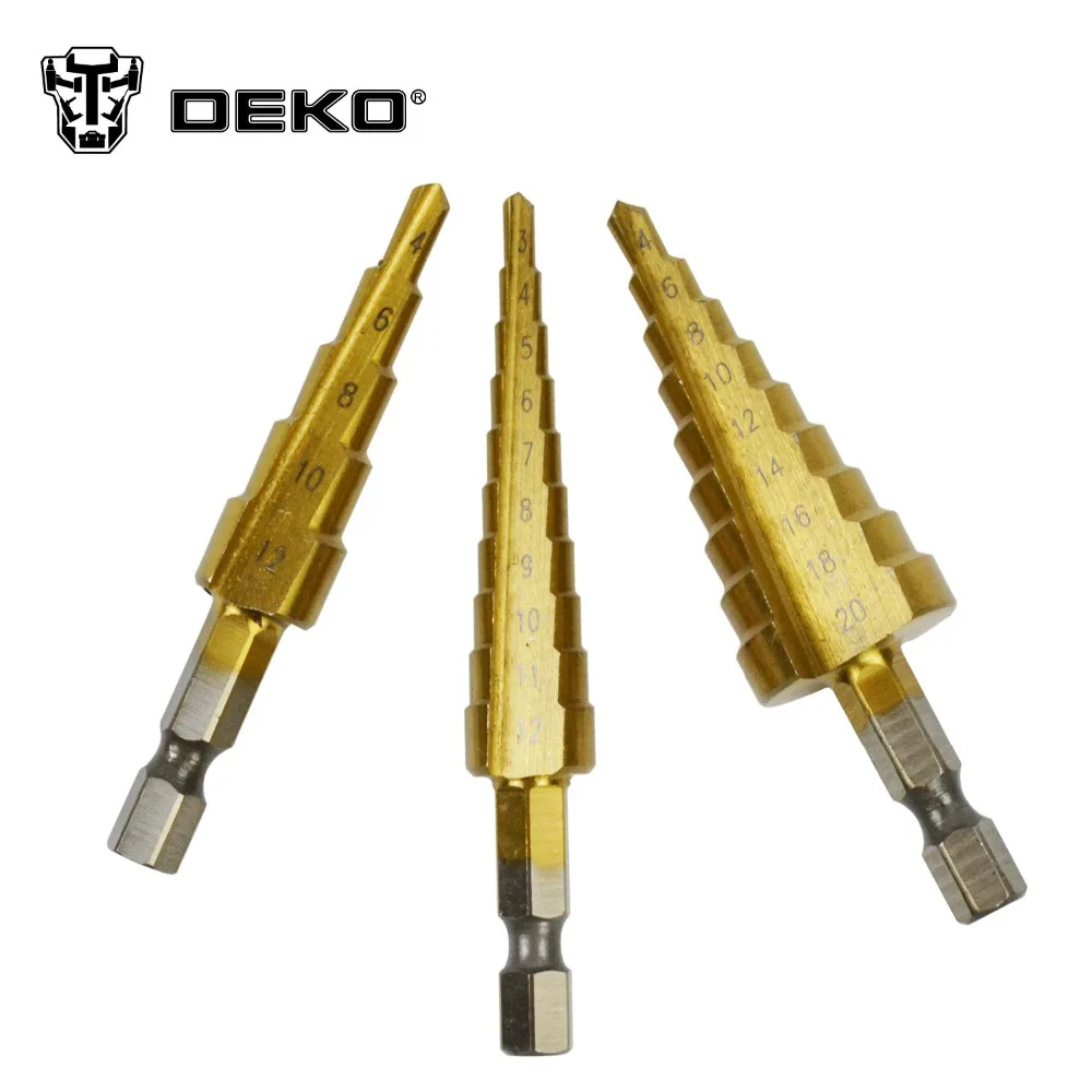 DEKO 3pcs 1/4&quot HSS Titanium Step Drills 4-12mm 4-20mm 3-12mm Cone Drill Power Tools Bits Set | Инструменты