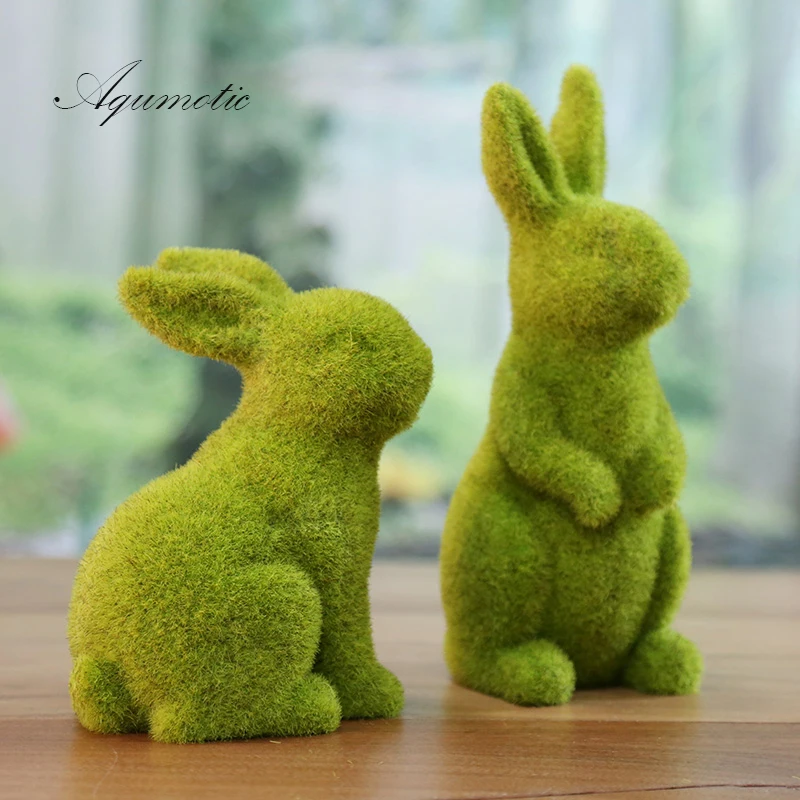 

Aqumotic Simulation Green Flocking Animal Manual Living Room Garden Table Decoration Trumpet Cute Rabbit Ornaments Gifts