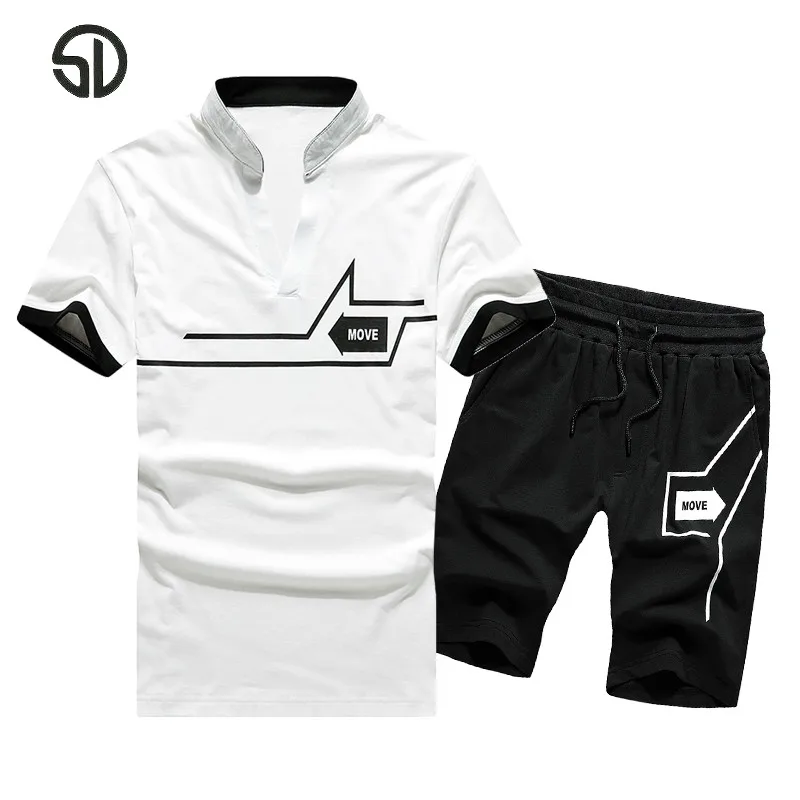 Europe Size Tracksuit Men Sweat Suit Summer 2PC Set Striped Tops Tees+Shorts Camisetas Hombre Casual Fashion Brand Clothing | Мужская