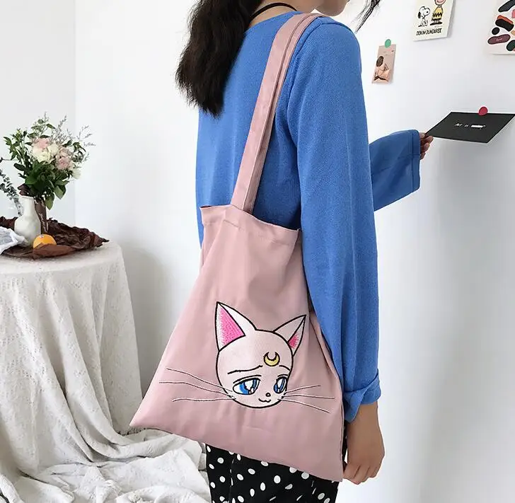 Pink Sailor Moon атласная вышитая Luna Cat сумка на плечо сумка милая сумка с изображением животного сумка-портфель кошелек аниме косплей сумки для женщин подарок для девочек - Цвет: Pink