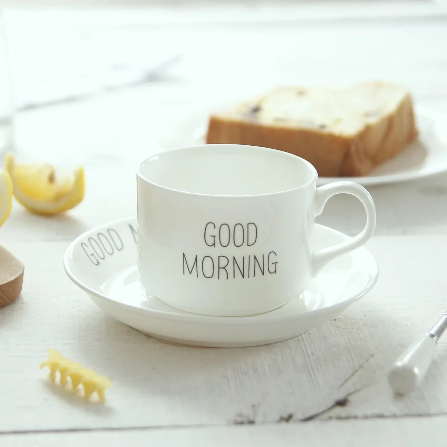 Good morning Хорошее утро кофейная чашка блюдо Классический белый костяной фарфор кофейная чашка с ручкой кафе кофейный набор керамическая кофейная чашка и блюдце набор - Цвет: Good morning