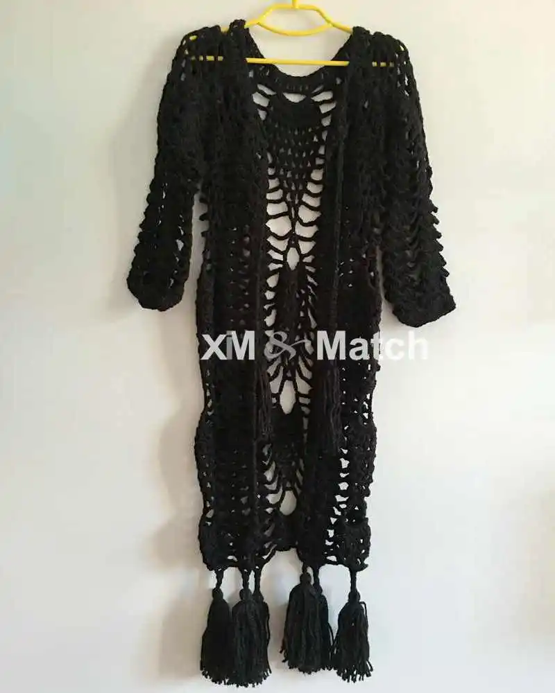 Модный новый вязаный длинный кардиган с бахромой ажурный ручной работы CD12001B |
