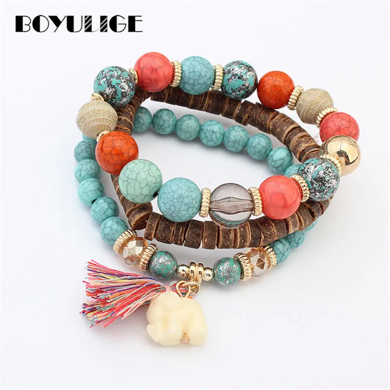 BOYULIGE браслет с деревянными бусинами для Для женщин в богемном стиле Boho Винтаж Jewelry Femme слон браслеты в форме кисточек и Набор браслетов/3 шт