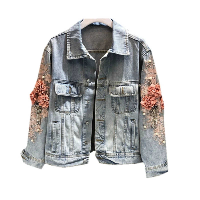 2018 осеннее женское джинсовое пальто с вышивкой объемными цветами жемчужинами и