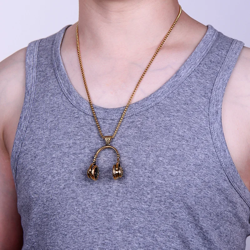 

Hip Hop Gold Color Stainless Steel Headset Music Carnival Headphones Pendants Necklaces for Men Cool Gifts Collar Male Jewelry