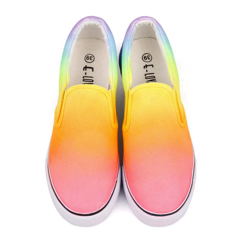 E-LOV Luxury Design Rainbow Color Casual Flat Canvas Shoes Hand Painted Colorful Loafers Low Top Slip-on Calzado Mujer | Обувь