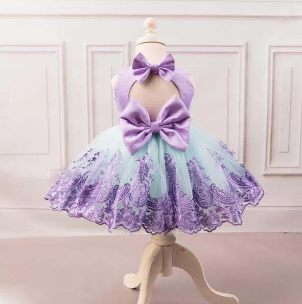 2018 new teal and purple backless little princess infant first birthday dress ball gown girl kid tea party dresses with bow | Детская