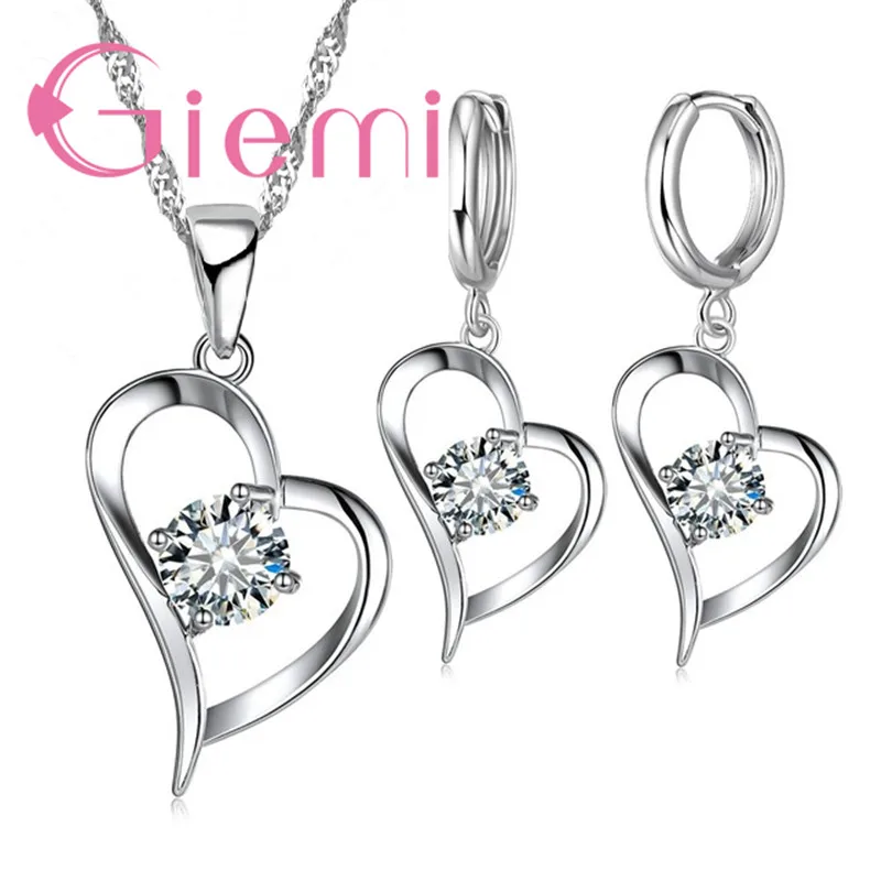

Romantic Gifts Luxury 925 Silver Austrian Crystal Cubic Zircon Smooth Charms Heart Necklace Earrings Jewelry Sets